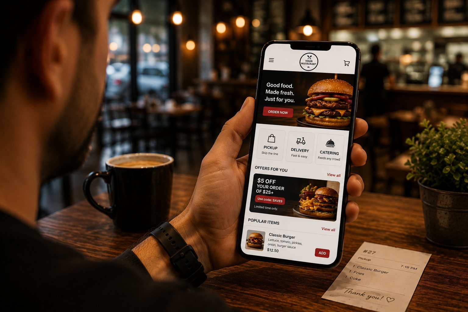 A guest ordering on their phone from a restaurant's own branded ordering page, with pickup, delivery and catering options