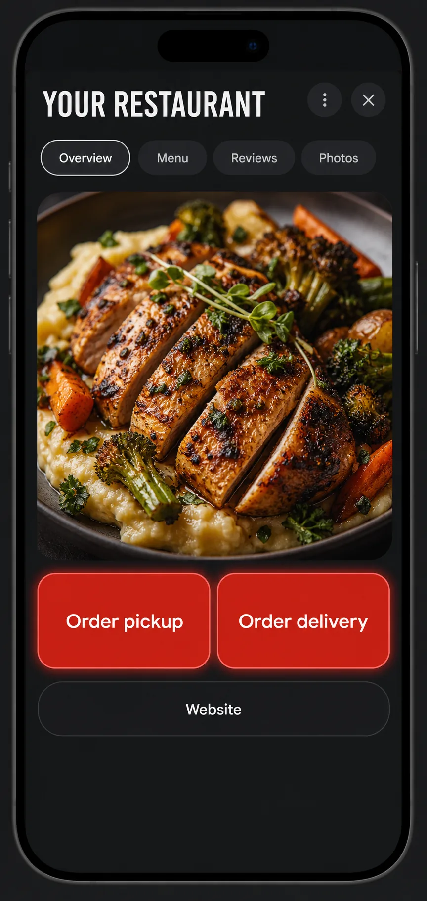 A phone showing a restaurant's Google listing with an Order online button
