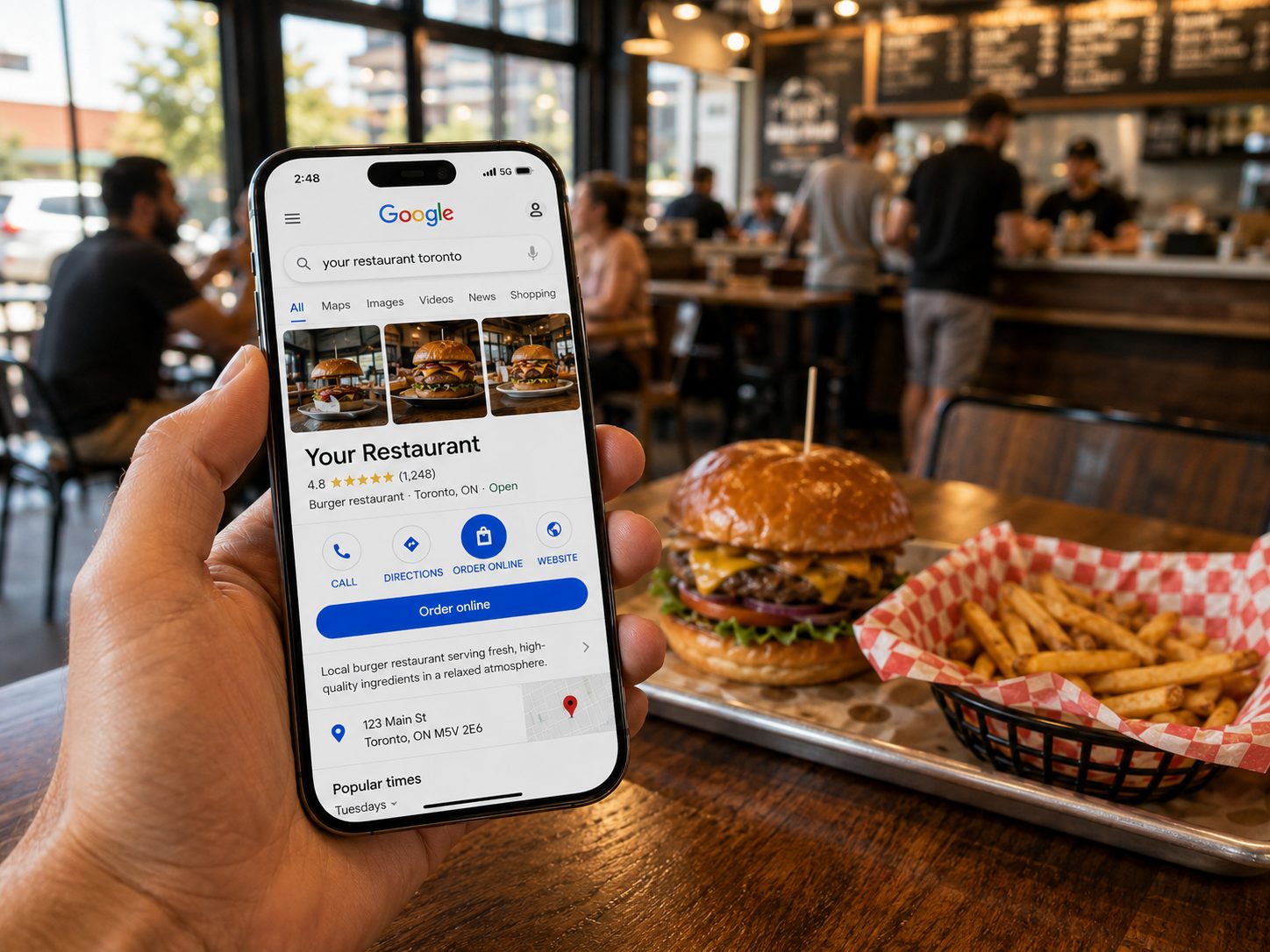 A guest holding a phone showing a restaurant's Google listing with a prominent Order online button, a burger and fries on the table beside them