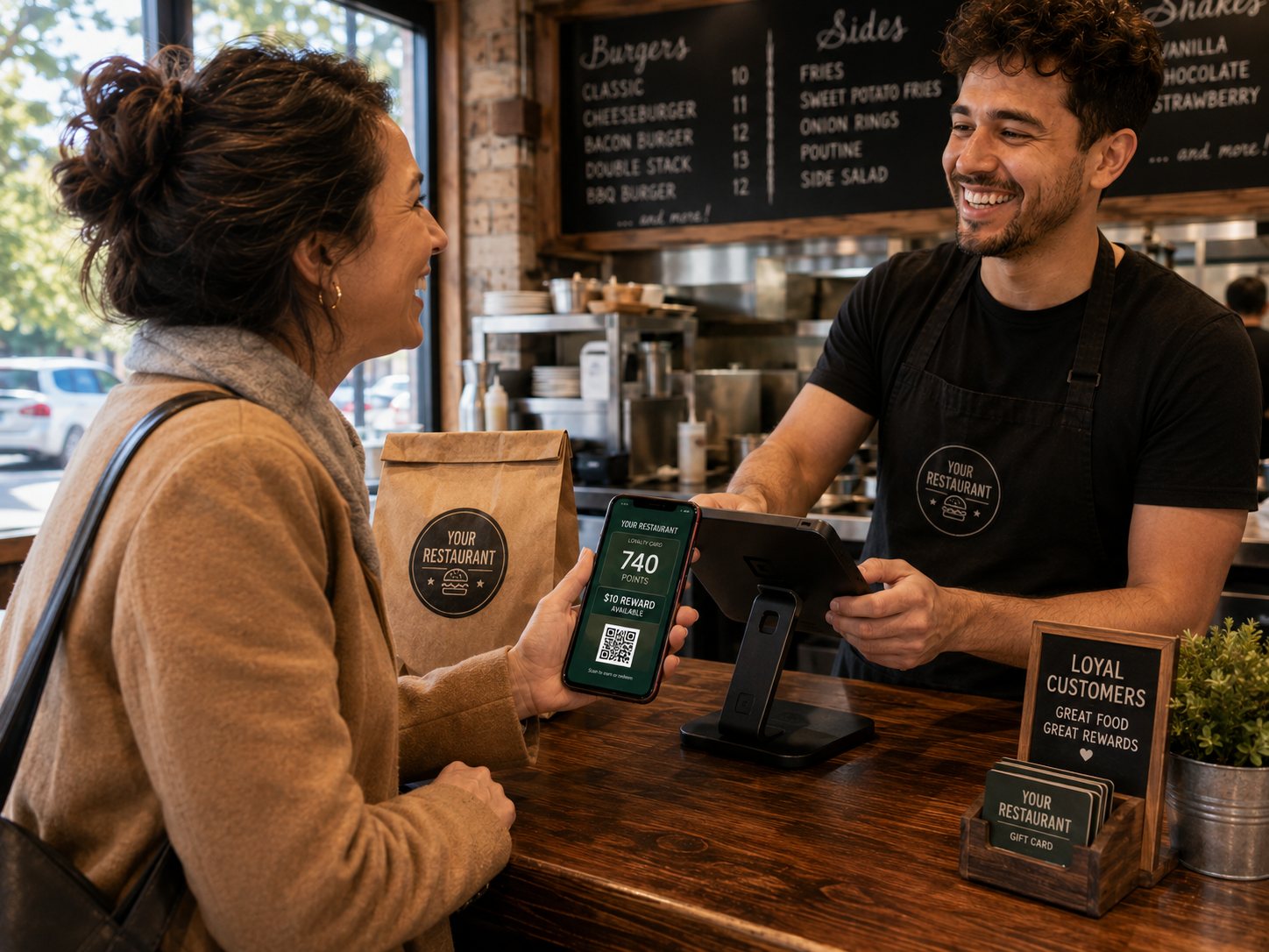 A guest at the counter showing 740 loyalty points and a $10 reward on her phone while the restaurant owner smiles