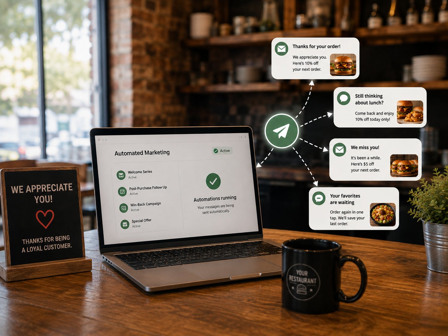 A laptop showing automated marketing campaigns running, with follow-up emails and texts going out to past customers