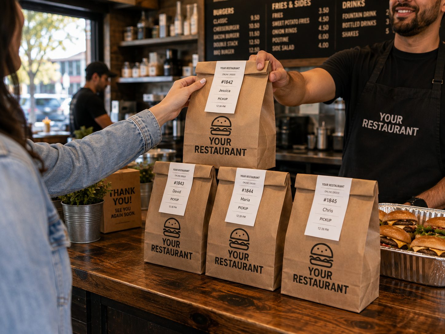 A guest collecting a bagged online order from the owner at the counter, four labelled pickup orders lined up on the wood beside them