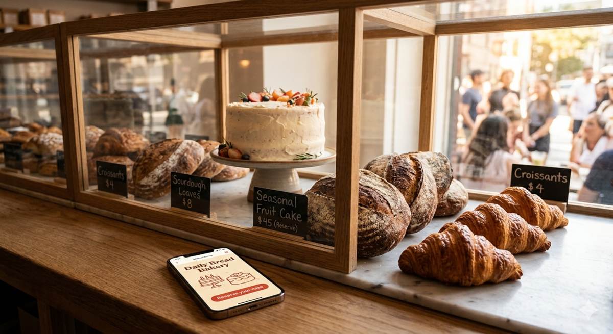 Sourdough loaves, fresh croissants and a frosted cake displayed in a glass-front bakery case, phone showing the bakery's ordering app