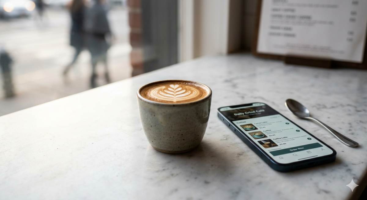 Cortado coffee with delicate latte art on a marble café counter, phone showing the coffee shop's online ordering app