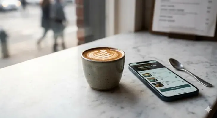Cortado with latte art on a marble café counter beside a phone showing the café's ordering app