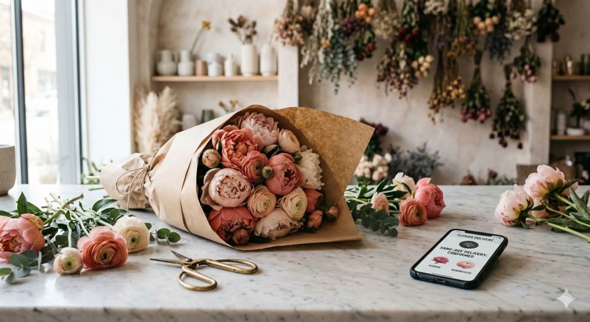 Florist's marble counter with a freshly-wrapped bouquet of peonies and ranunculus in kraft paper, scissors beside it, phone showing a Same-day Delivery screen