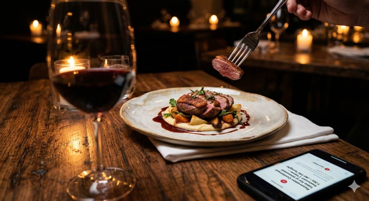 Elegantly plated dish on a ceramic plate at a candlelit dining table, glass of red wine in soft focus, phone showing a reservation confirmation
