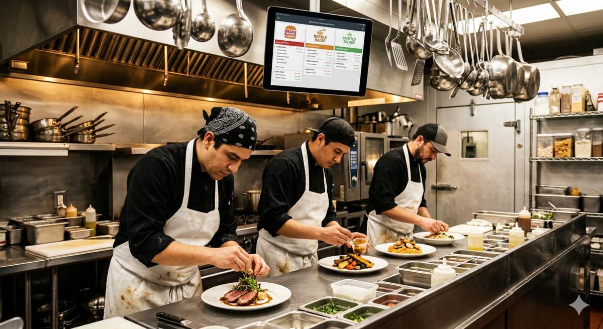 Three line cooks plating dishes side by side on a stainless-steel prep line, wall-mounted tablet showing a multi-brand order dashboard