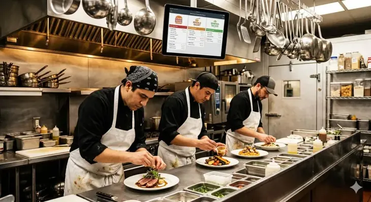 Line cooks plating dishes with a wall-mounted tablet showing a multi-brand order dashboard