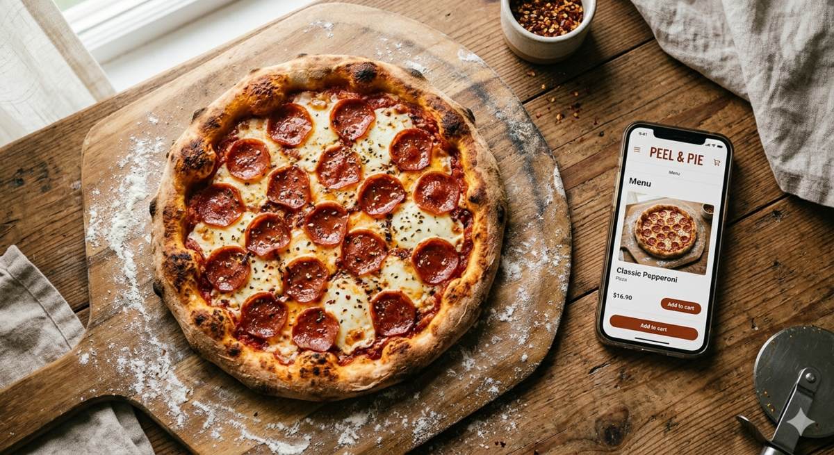 Freshly baked pepperoni pizza on a wooden peel with a phone showing the pizzeria's branded ordering app beside it