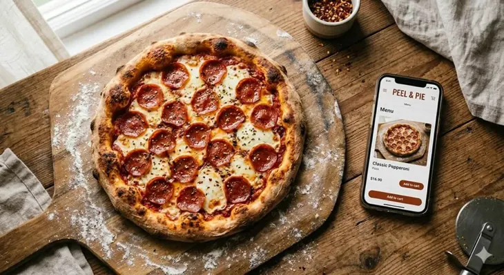 Pepperoni pizza on a wooden peel beside a phone showing the pizzeria's branded ordering app