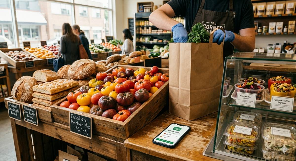Wooden produce display with heirloom tomatoes and fresh bread in a neighborhood market, staff packing a paper grocery bag, phone showing an Order Ahead screen
