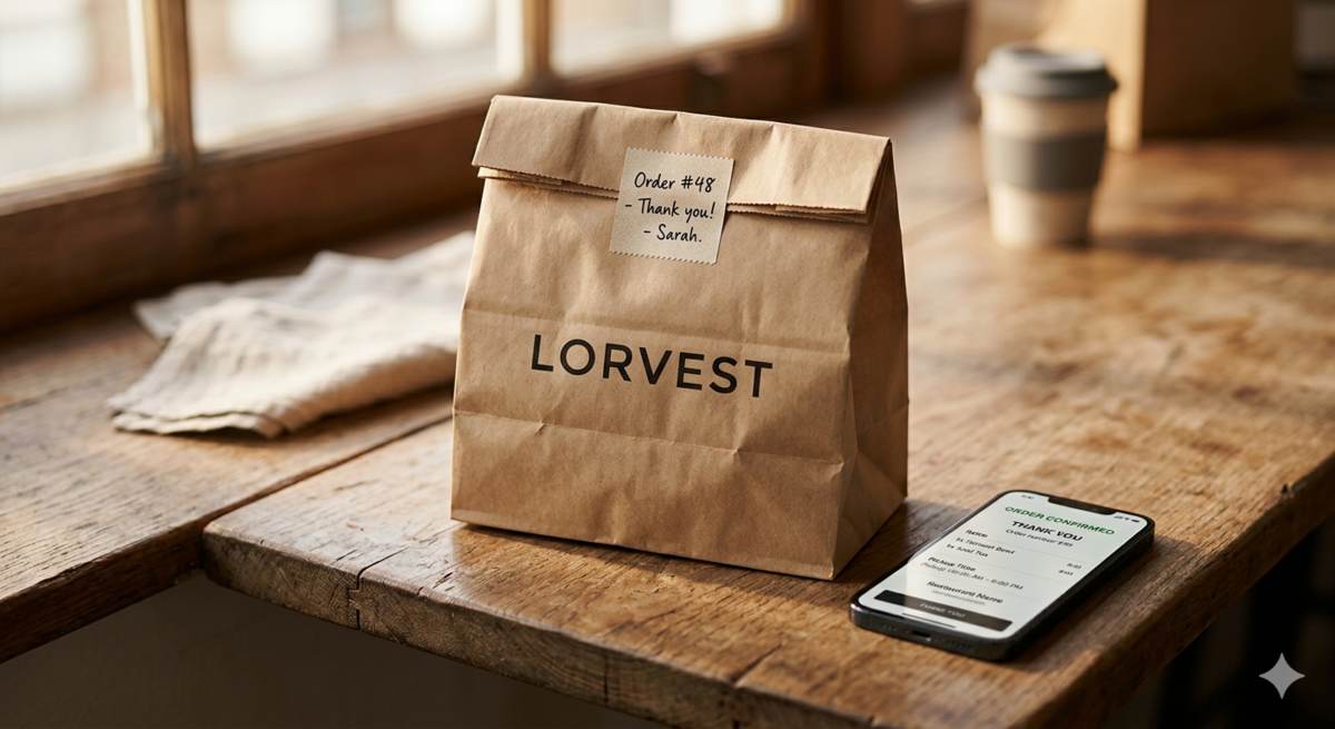Kraft paper takeout bag branded with a simple wordmark on a wooden counter, phone showing an order confirmation