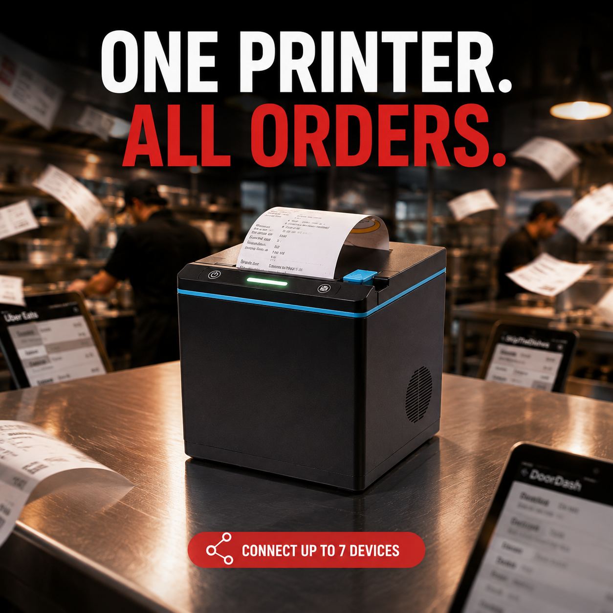 Orme Kitchen Printer Hub thermal printer on a stainless-steel kitchen counter with delivery-app tablets around it