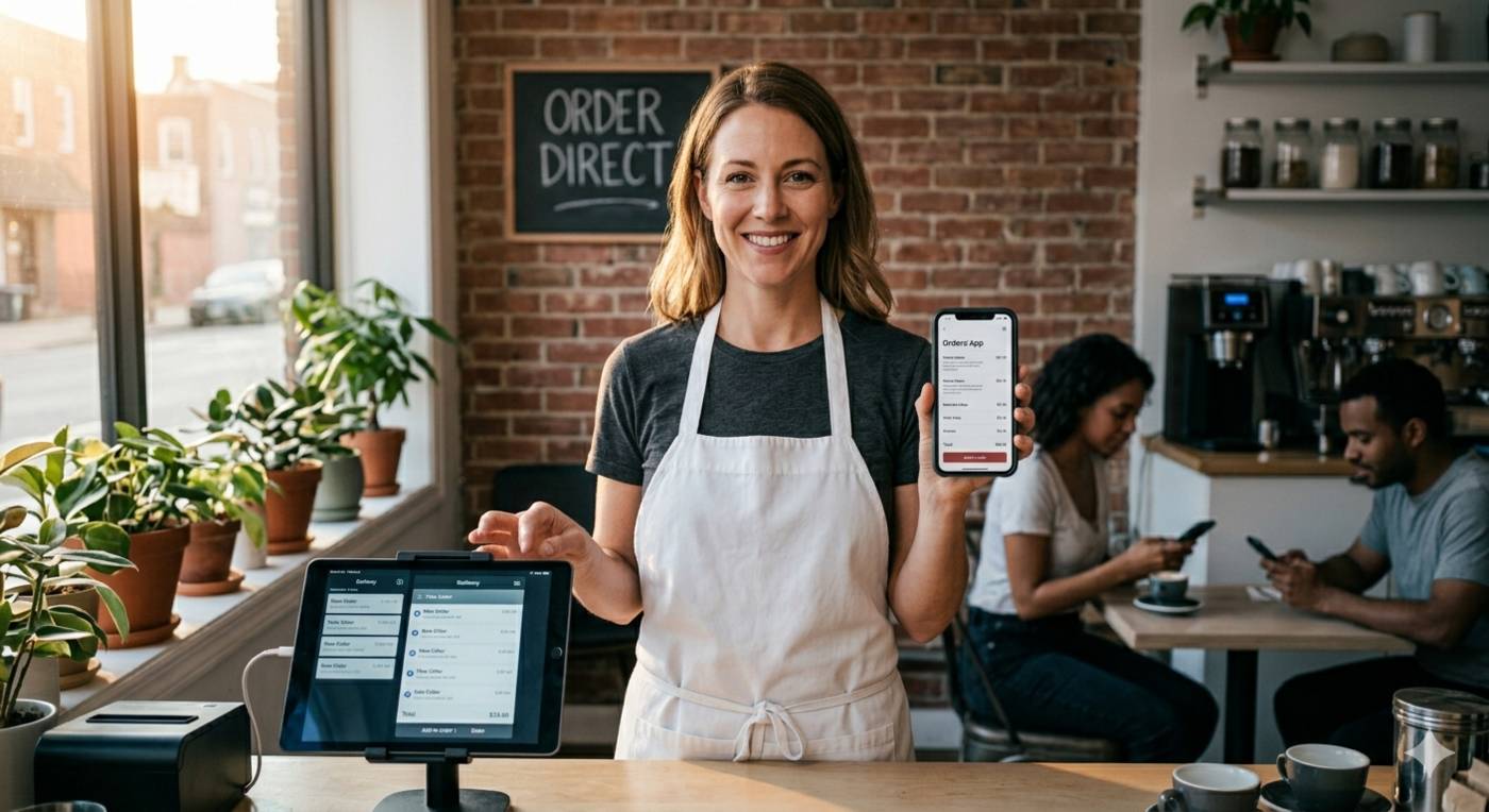 Confident café owner holding a phone showing her branded ordering app, ORDER DIRECT chalkboard behind her, customers happily ordering on their phones