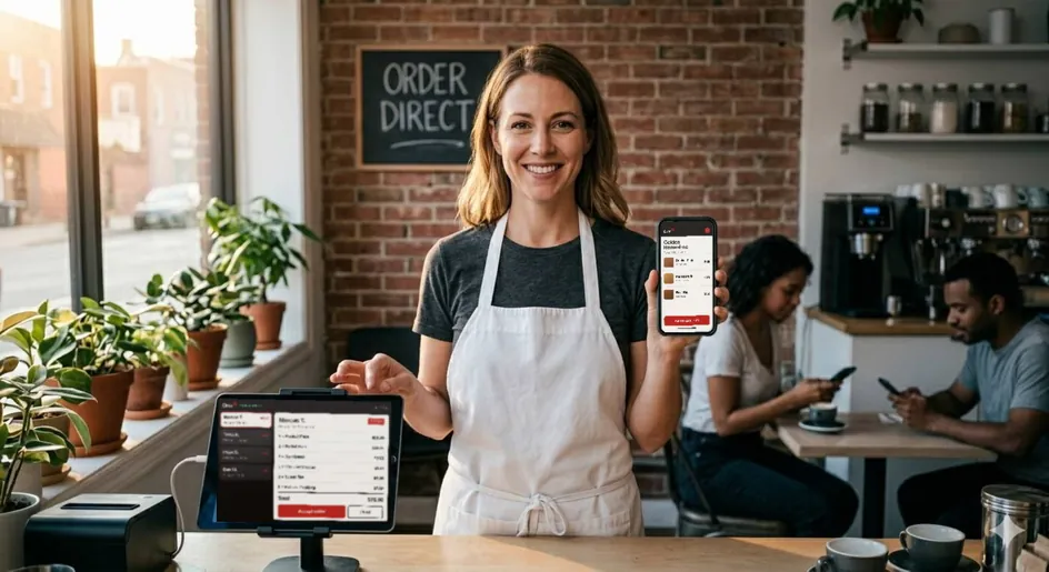 Café owner holding a phone showing her branded ordering page