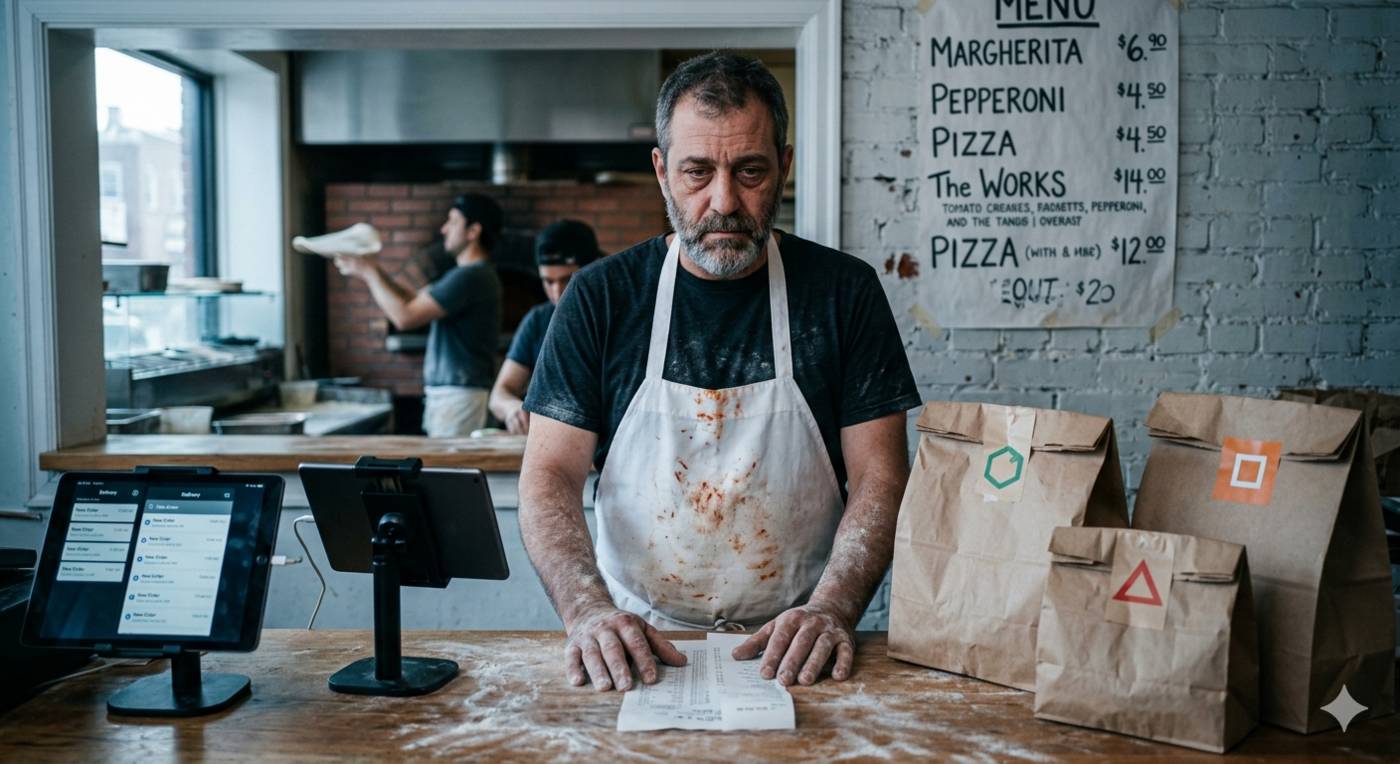 Weary pizzeria owner at the counter looking at a printed receipt, marketplace takeout bags stacked beside him